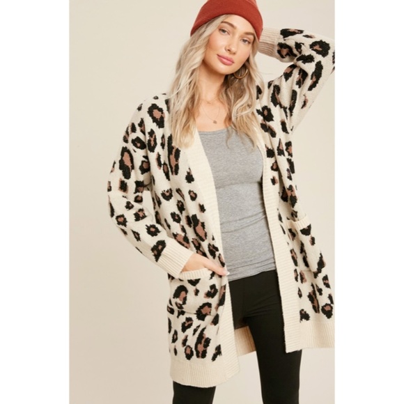 SOLD OUT Oatmeal Leopard Animal Print Open Front Knit Long Sleeve Casual - Picture 2 of 11
